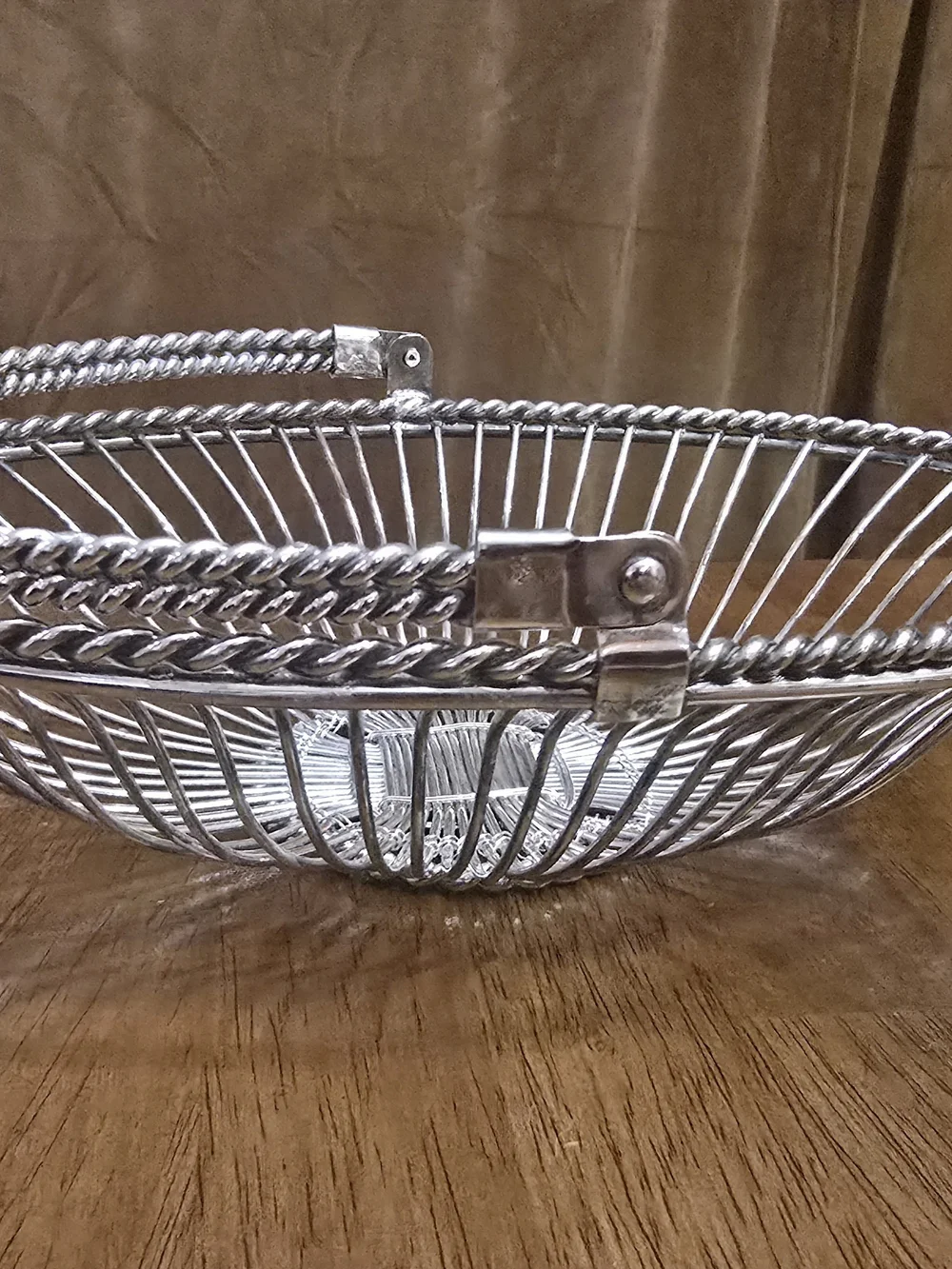 VTG Silver Plated Wire Fruit Basket Twisted Rope Folding Swing Handle Oval Bowl